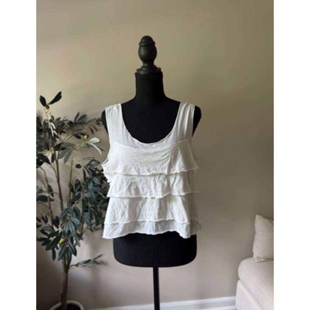 Odille Anthropologie Ivory White Cotton Tiered Ruffle Tank Top Sleeveless Large
